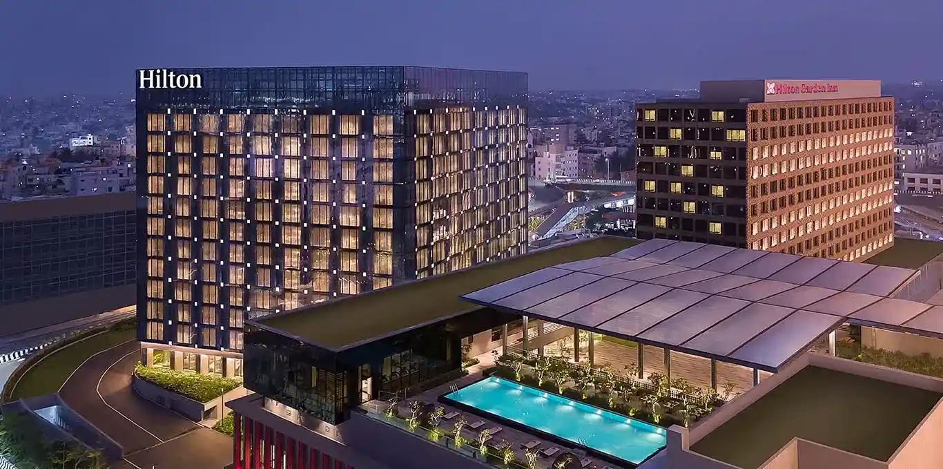 Hilton Embassy GolfLinks Bangalore luxury hotel exterior night view